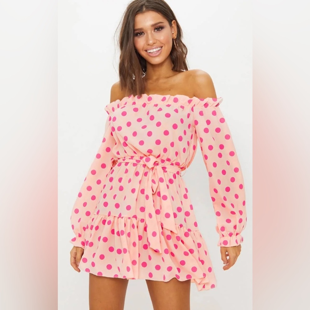 Pretty Little Thing Dusty Pink Polka Dot Bardot Tie Waist Shift Dress